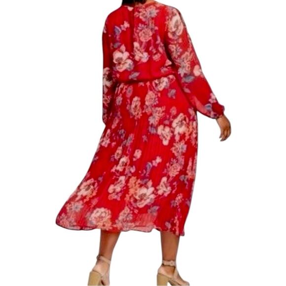 Ava & Viv Midi Dress Pleated Long Sleeves Red Multi Floral Women’s Size 1X - Picture 2 of 14